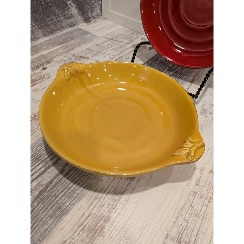 Sur La Table Italy Ceramic Serving Bowls Set of 2 Red Mustard Leaf Handles 9.5